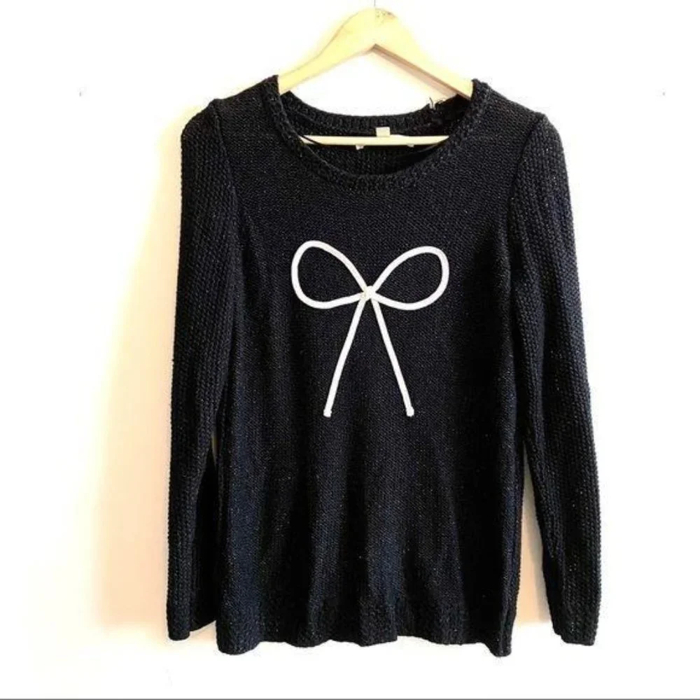 Lauren Conrad Black Sparkle Bow Crew Sweater M - Picture 2 of 13